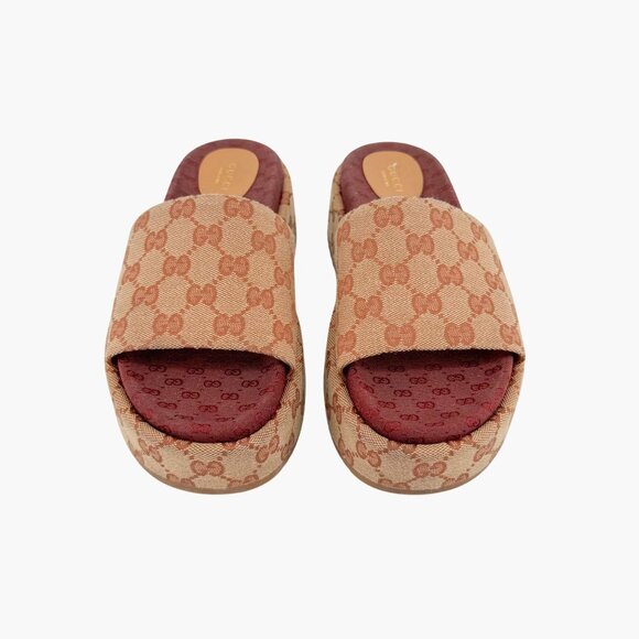 Gucci Angelina Platform Slide Sandals EU 39 US 9 Beige GG Monogram Logo Canvas - Picture 2 of 11